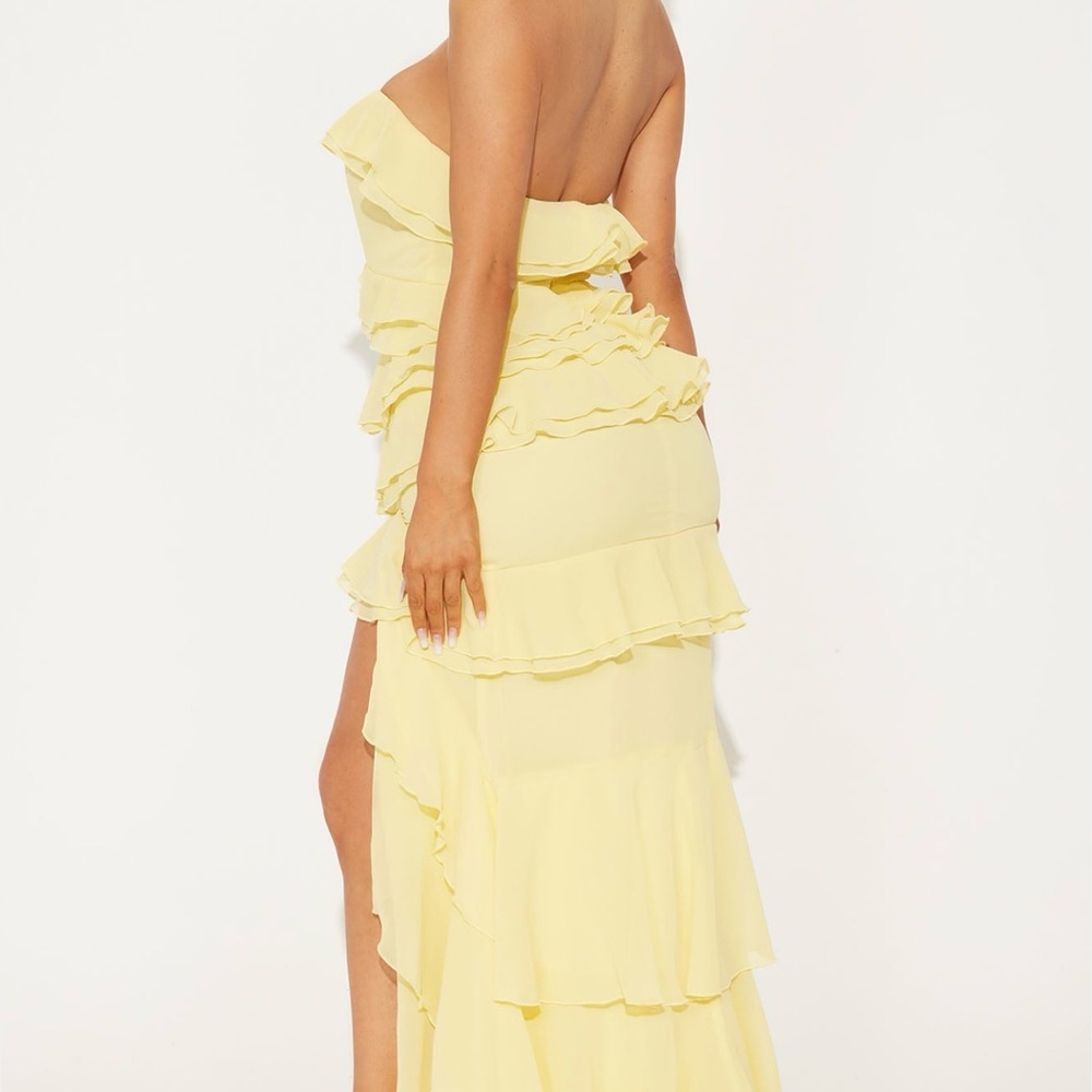 Spring Dress-Fashion Nova Strapless Yellow Ruffle Dress - Picture 2 of 3